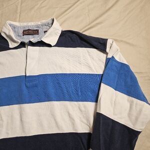 John Ashford Rugby Polo Shirt Large Blue White Striped 90s Preppy Long Sleeve
